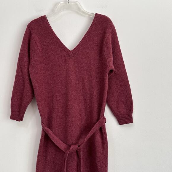Woodward Lothrop Sweater Dress M Lambswool Double V Belted Knit Vintage Berry - Picture 3 of 8